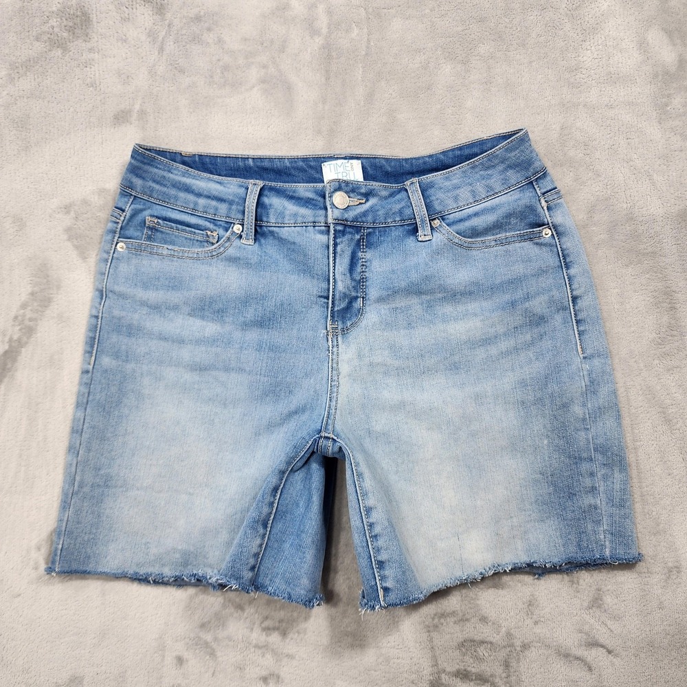 Time And Tru Shorts Womens 6 Blue Mid Rise Bermuda Cutoff Raw Hem Stretch Casual